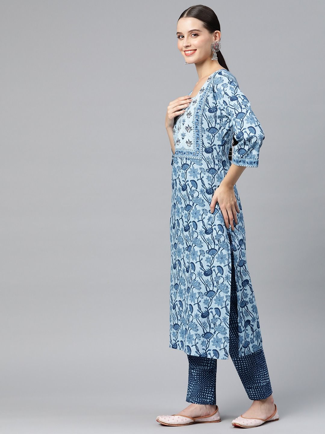 Straight Style Cotton Fabric  Navy Blue Color Kurta And Palazzo With Dupatta