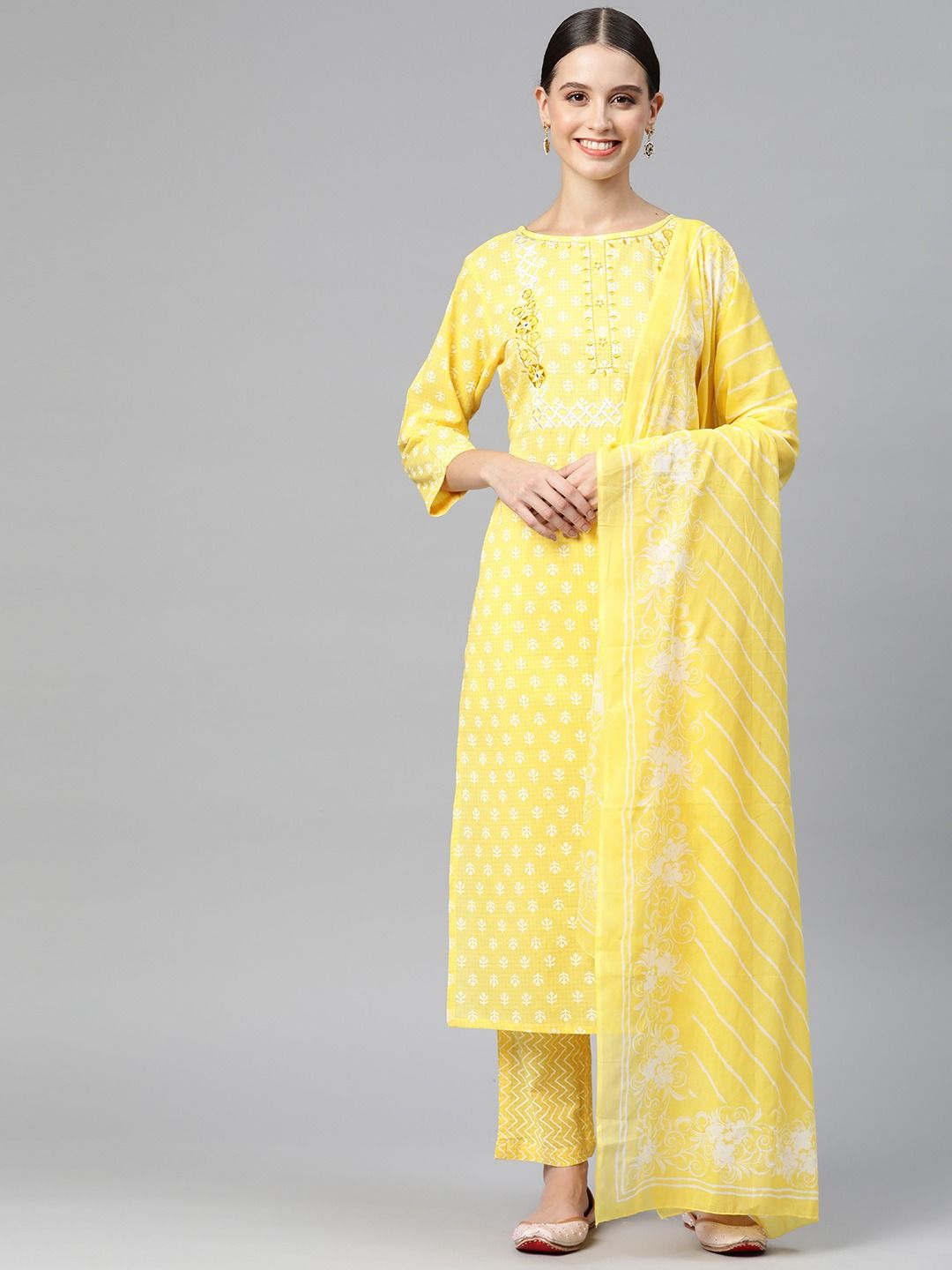 Straight Style Cotton Fabric  Yellow Color Kurta And Palazzo With Dupatta
