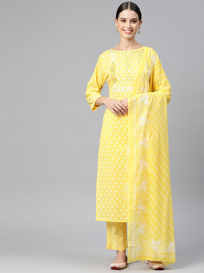 Straight Style Cotton Fabric  Yellow Color Kurta And Palazzo With Dupatta
