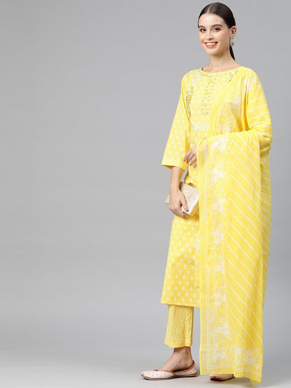 Straight Style Cotton Fabric  Yellow Color Kurta And Palazzo With Dupatta