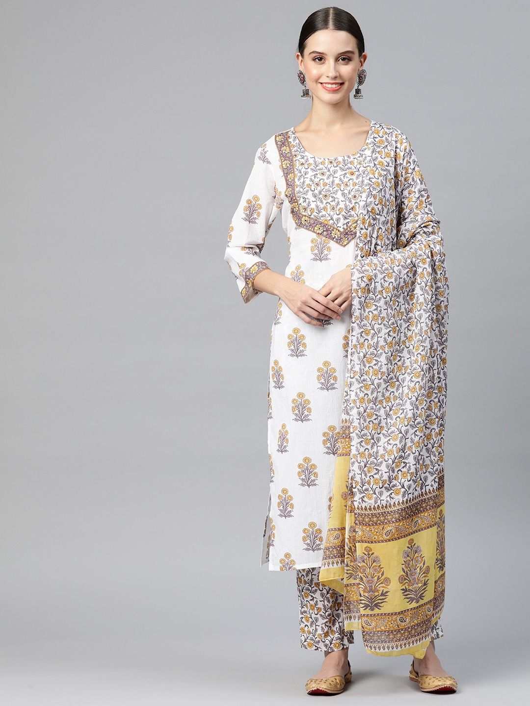 Straight Style Cotton Fabric White & Grey Color Kurta And Palazzo With Dupatta