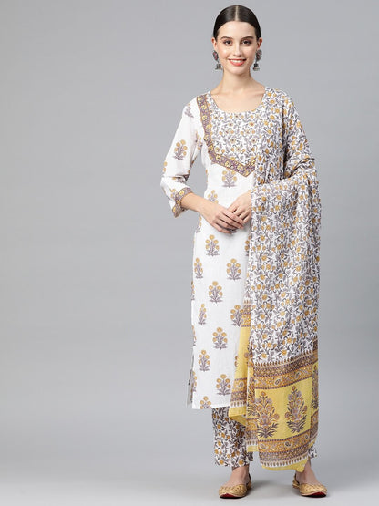 Straight Style Cotton Fabric White & Grey Color Kurta And Palazzo With Dupatta