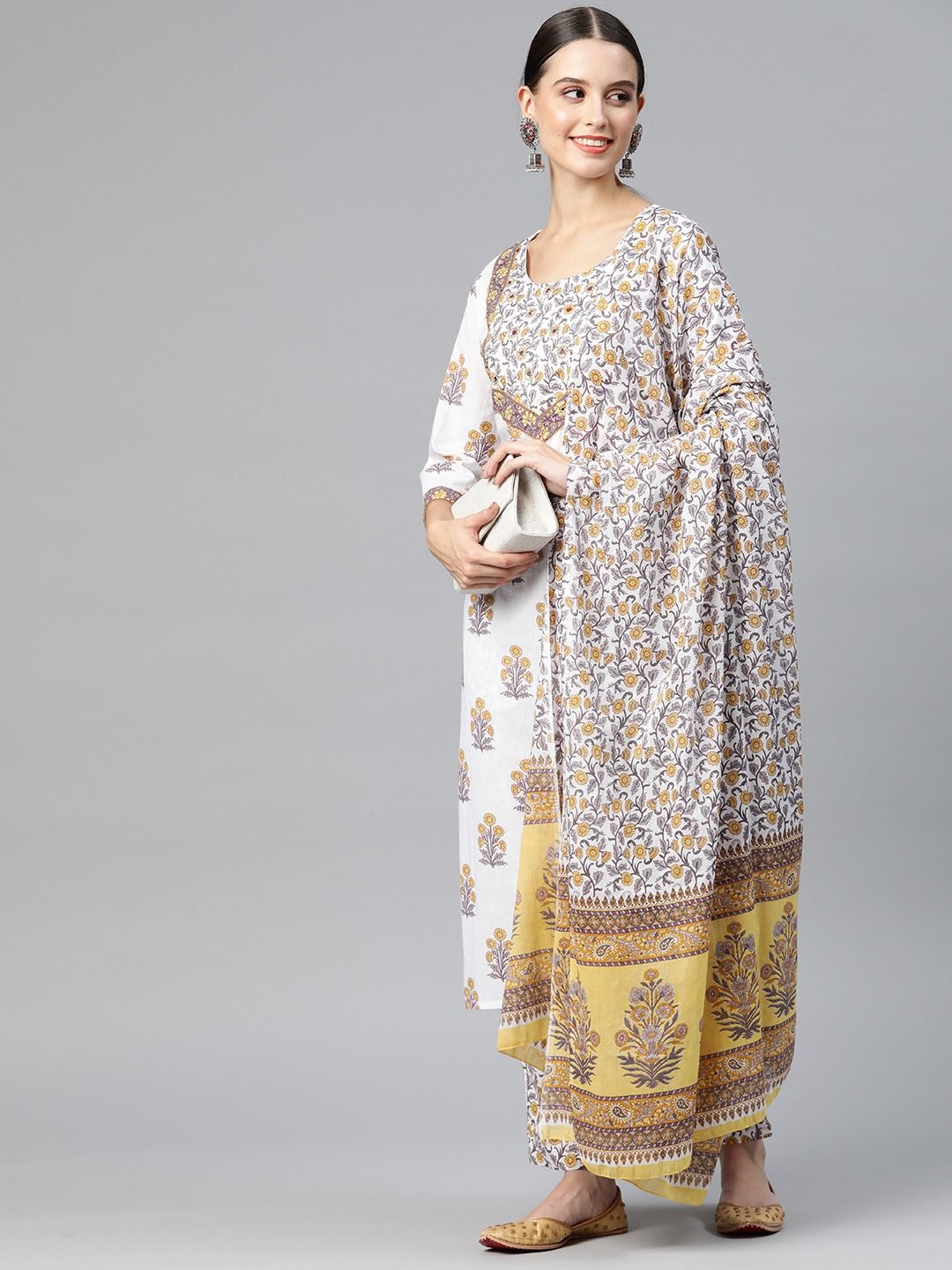 Straight Style Cotton Fabric White & Grey Color Kurta And Palazzo With Dupatta