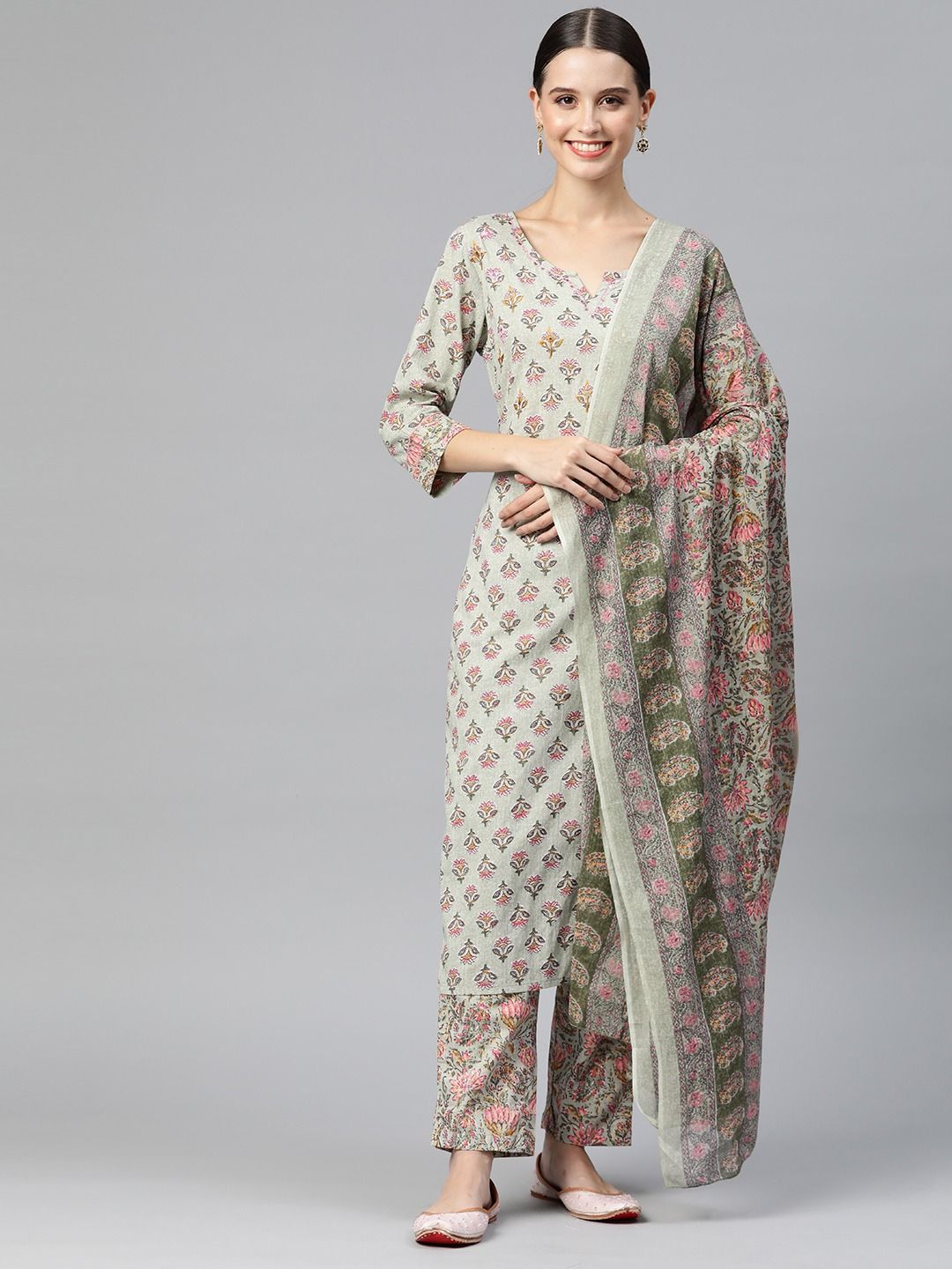 Straight Style Cotton Fabric Green Color Kurta And Palazzo With Dupatta