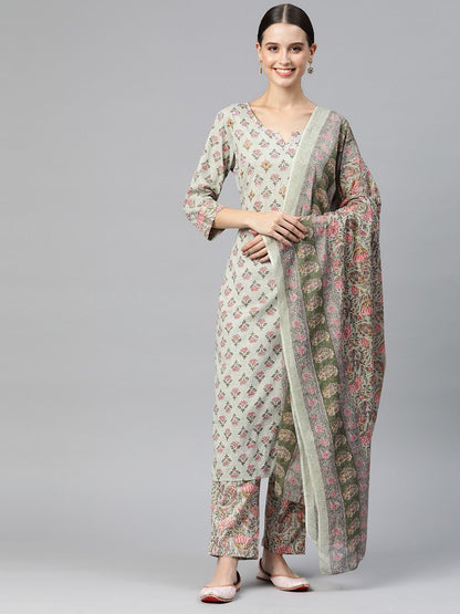 Straight Style Cotton Fabric Green Color Kurta And Palazzo With Dupatta