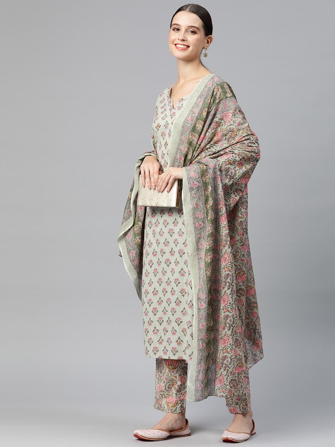 Straight Style Cotton Fabric Green Color Kurta And Palazzo With Dupatta