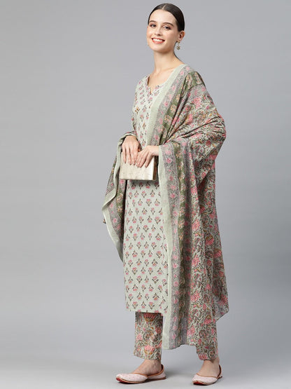Straight Style Cotton Fabric Green Color Kurta And Palazzo With Dupatta