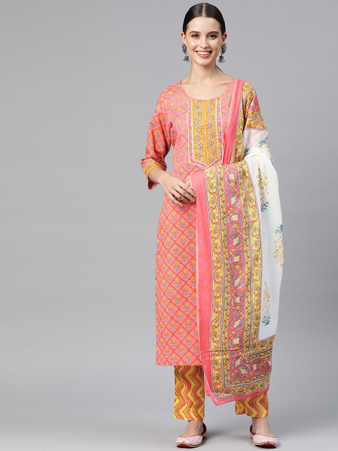 Straight Style Cotton Fabric  Pink & Yellow Color Kurta And Palazzo With Dupatta