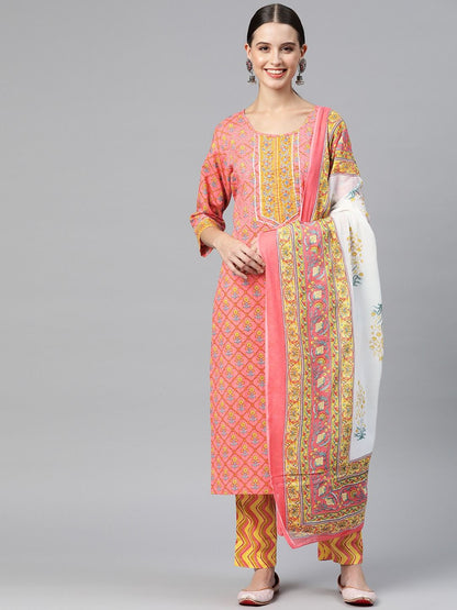 Straight Style Cotton Fabric  Pink & Yellow Color Kurta And Palazzo With Dupatta