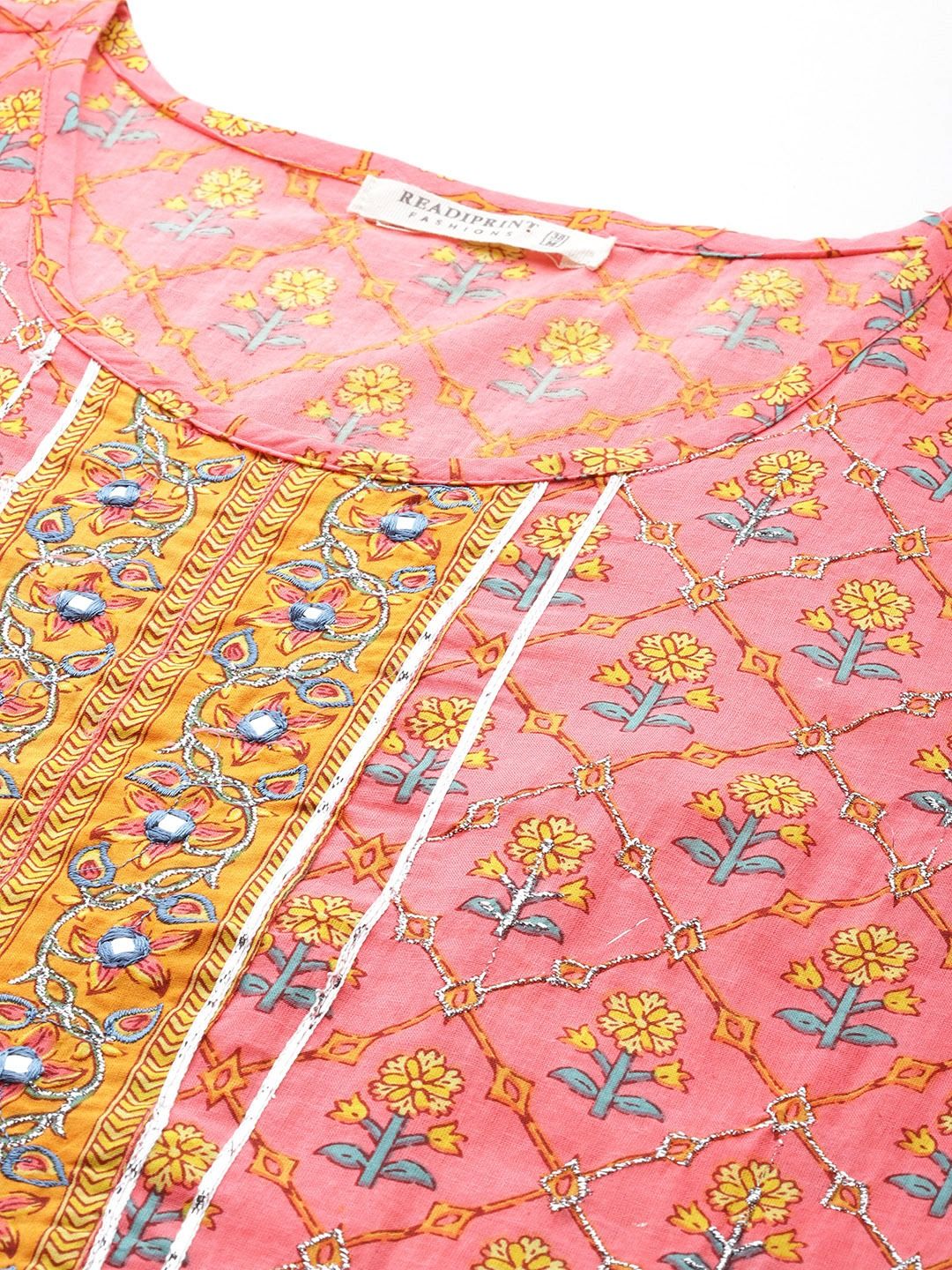 Straight Style Cotton Fabric  Pink & Yellow Color Kurta And Palazzo With Dupatta