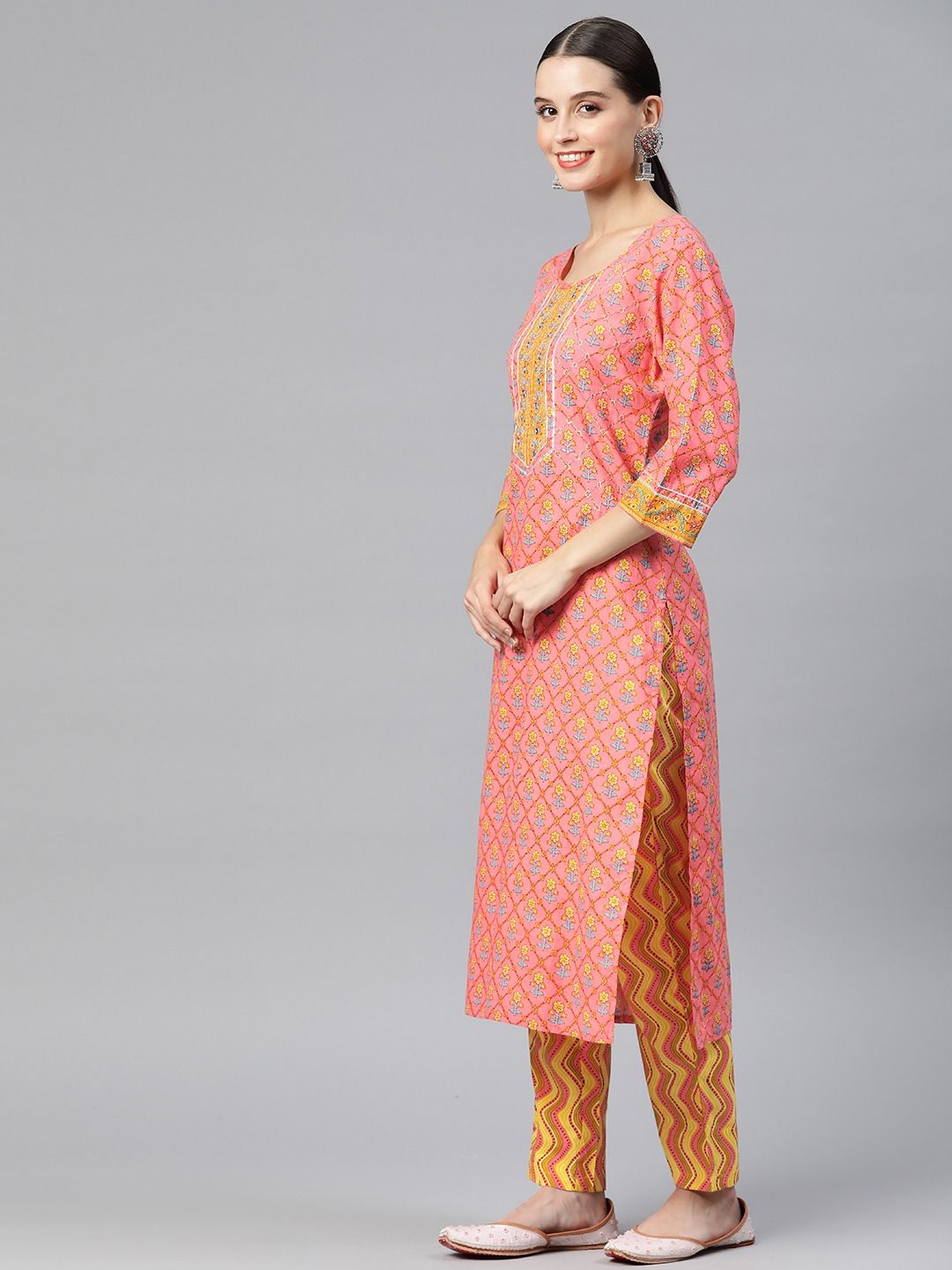 Straight Style Cotton Fabric  Pink & Yellow Color Kurta And Palazzo With Dupatta