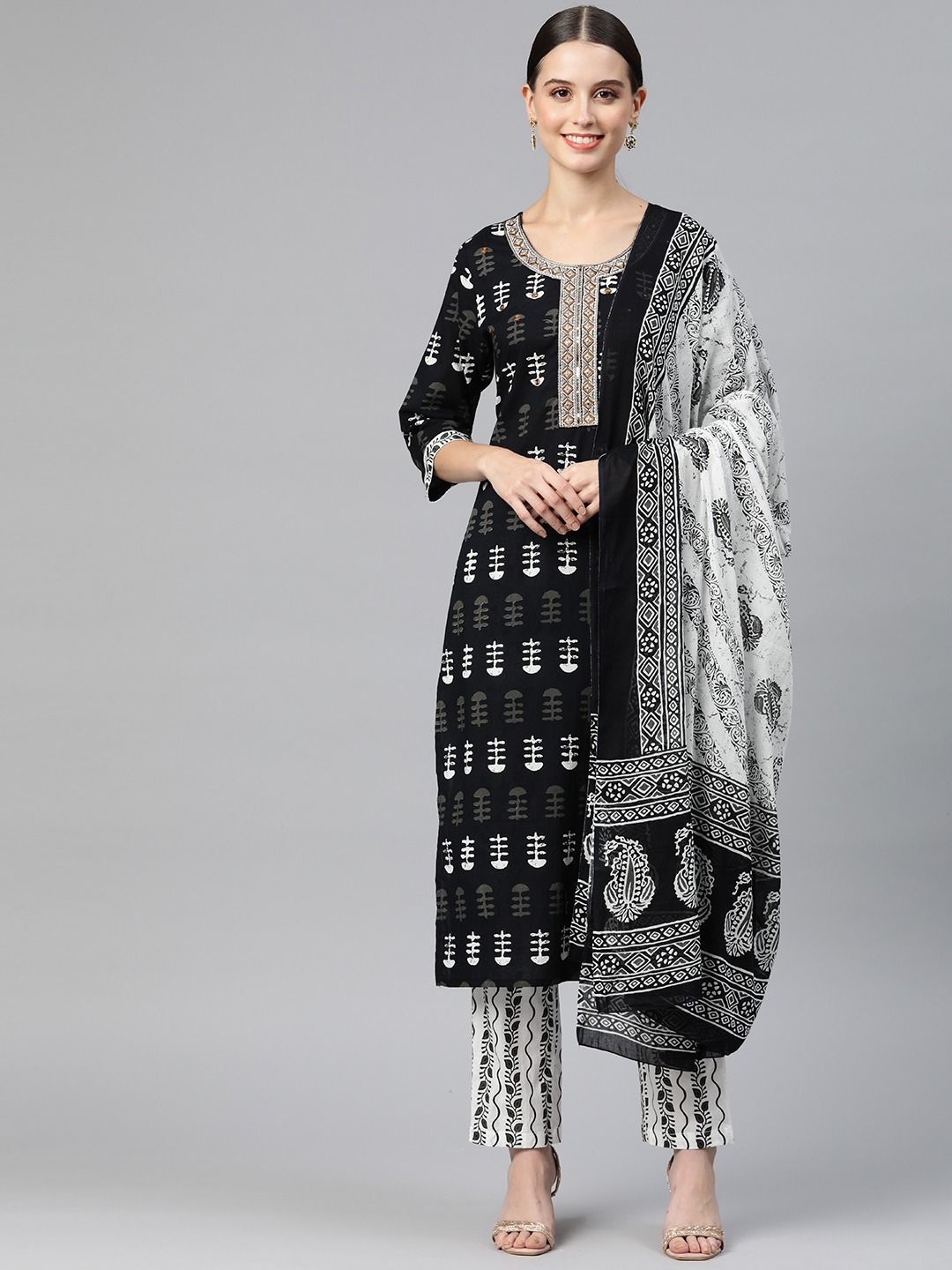 Straight Style Cotton Fabric Black & White Color Kurta And Palazzo With Dupatta