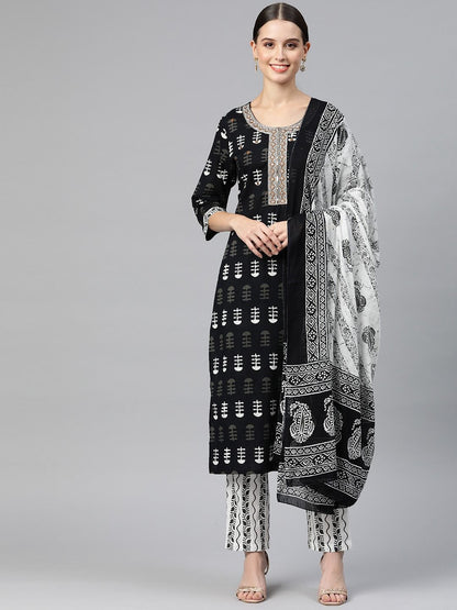 Straight Style Cotton Fabric Black & White Color Kurta And Palazzo With Dupatta