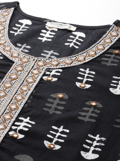 Straight Style Cotton Fabric Black & White Color Kurta And Palazzo With Dupatta