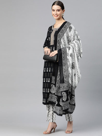 Straight Style Cotton Fabric Black & White Color Kurta And Palazzo With Dupatta