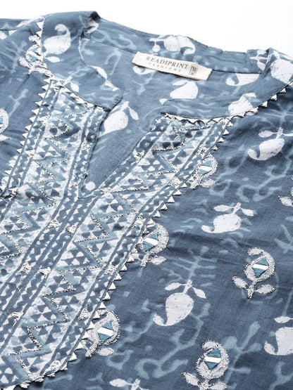 Straight Style Cotton Fabric Navy Blue Color Kurta And Palazzo With Dupatta