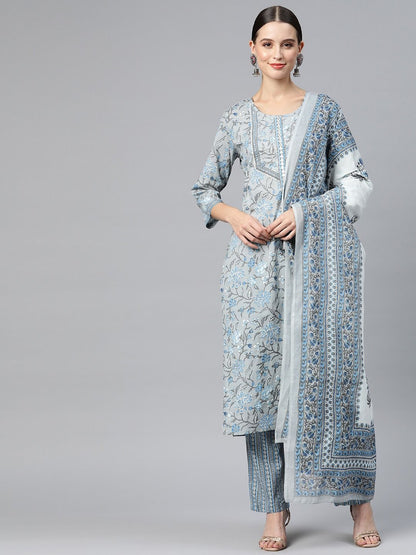 Straight Style Cotton Fabric  Grey Color Kurta And Palazzo With Dupatta