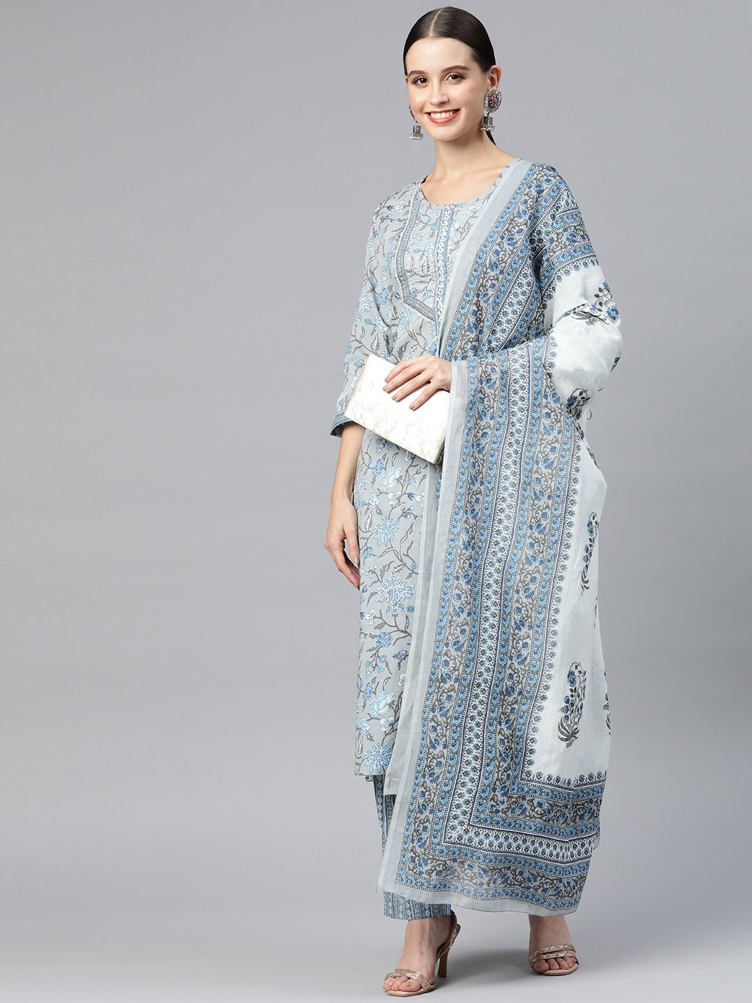 Straight Style Cotton Fabric  Grey Color Kurta And Palazzo With Dupatta