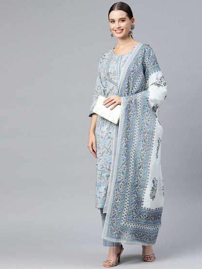 Straight Style Cotton Fabric  Grey Color Kurta And Palazzo With Dupatta