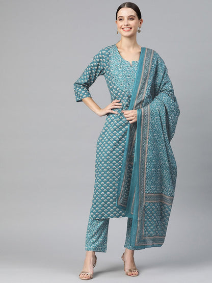 Straight Style Cotton Fabric Blue Color Kurta And Palazzo With Dupatta