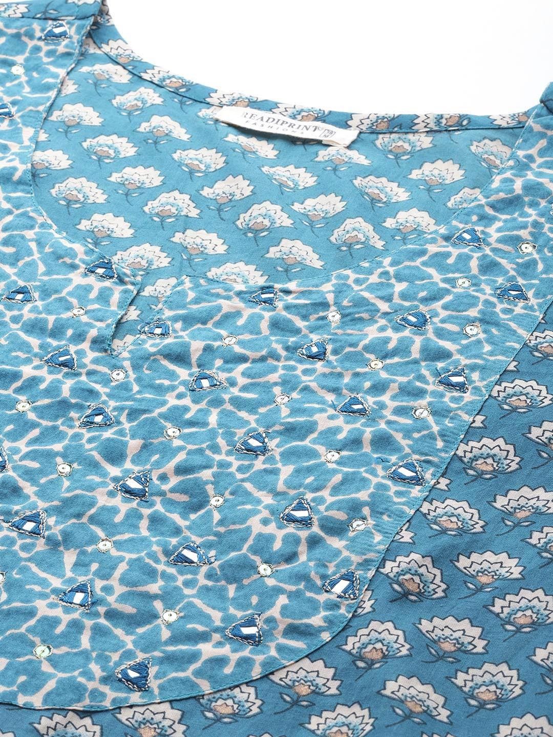 Straight Style Cotton Fabric Blue Color Kurta And Palazzo With Dupatta