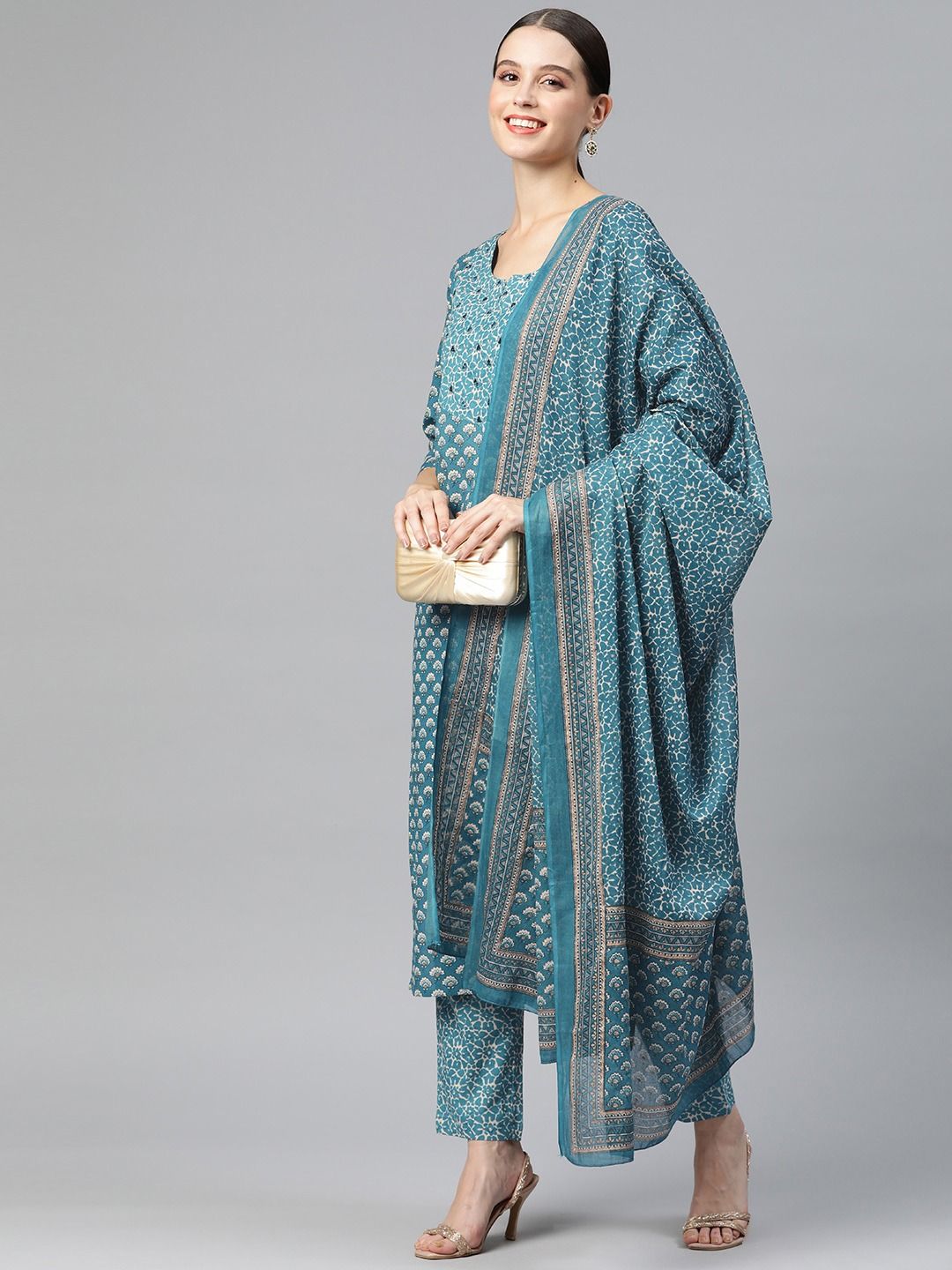 Straight Style Cotton Fabric Blue Color Kurta And Palazzo With Dupatta