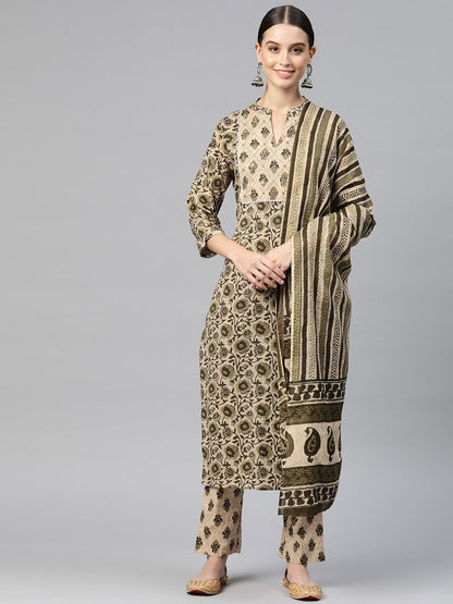 Straight Style Cotton Fabric Green Color Kurta And Palazzo With Dupatta