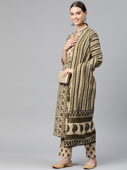 Straight Style Cotton Fabric Green Color Kurta And Palazzo With Dupatta