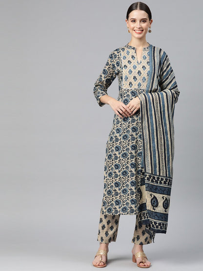 Straight Style Cotton Fabric Blue Color Kurta And Palazzo With Dupatta