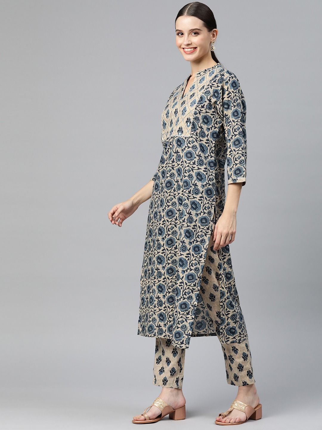 Straight Style Cotton Fabric Blue Color Kurta And Palazzo With Dupatta