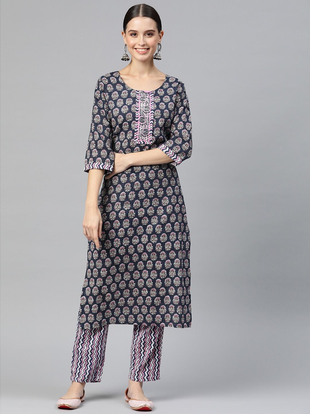 Straight Style Cotton Fabric  Navy Blue Color Kurta And Palazzo