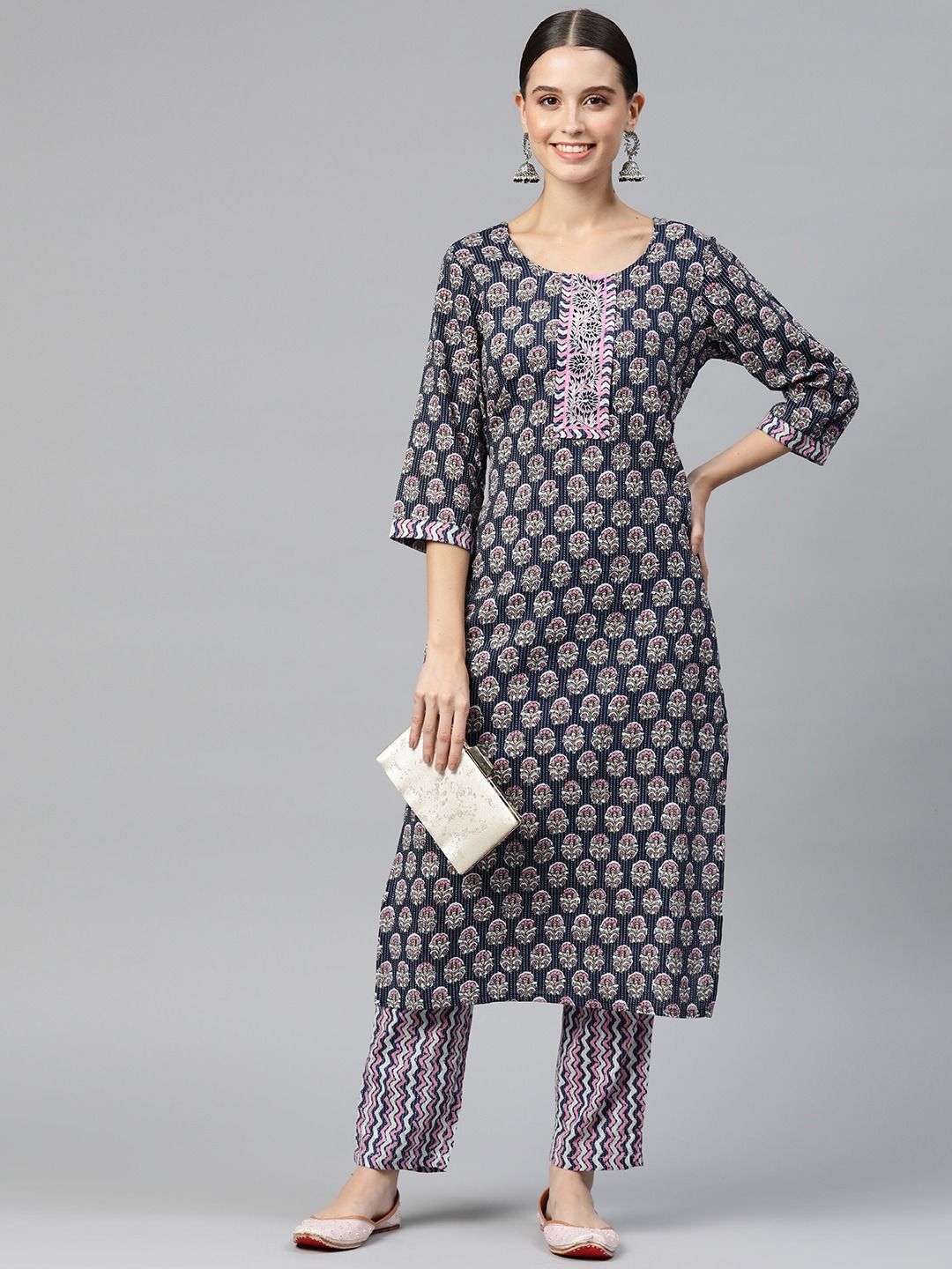 Straight Style Cotton Fabric  Navy Blue Color Kurta And Palazzo