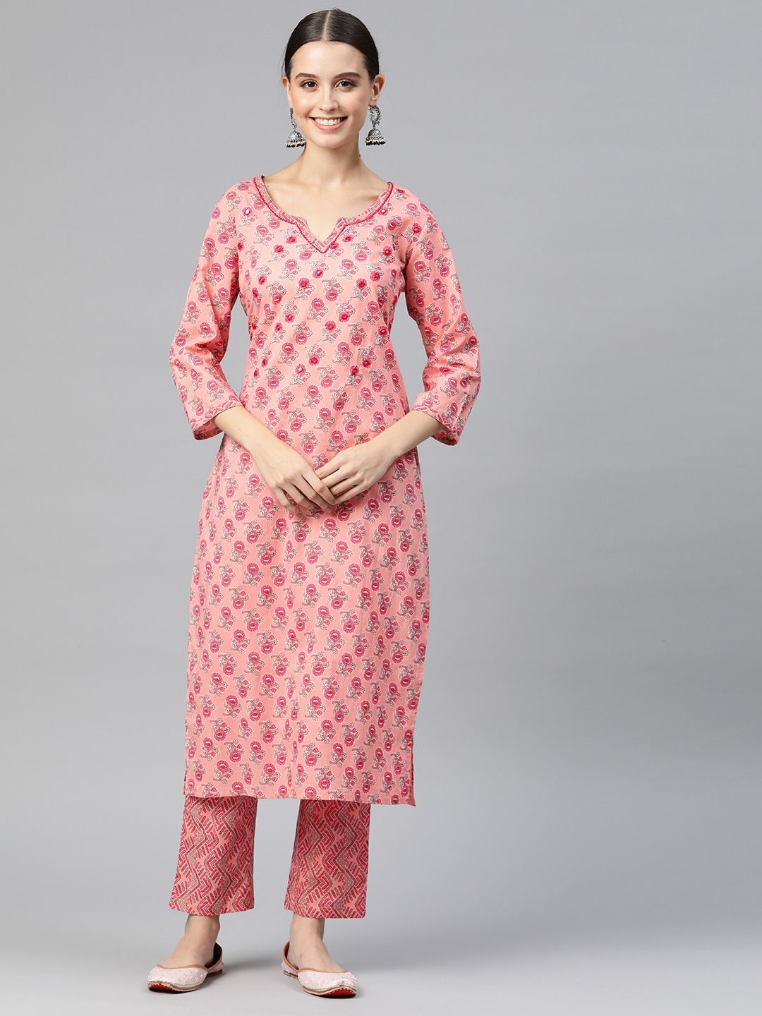 Straight Style Cotton Fabric Peach Color Kurta And Palazzo