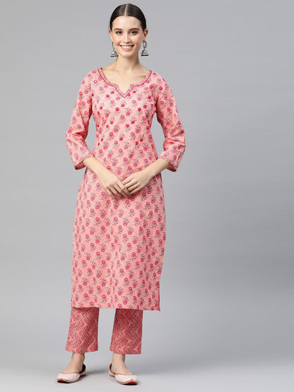 Straight Style Cotton Fabric Peach Color Kurta And Palazzo