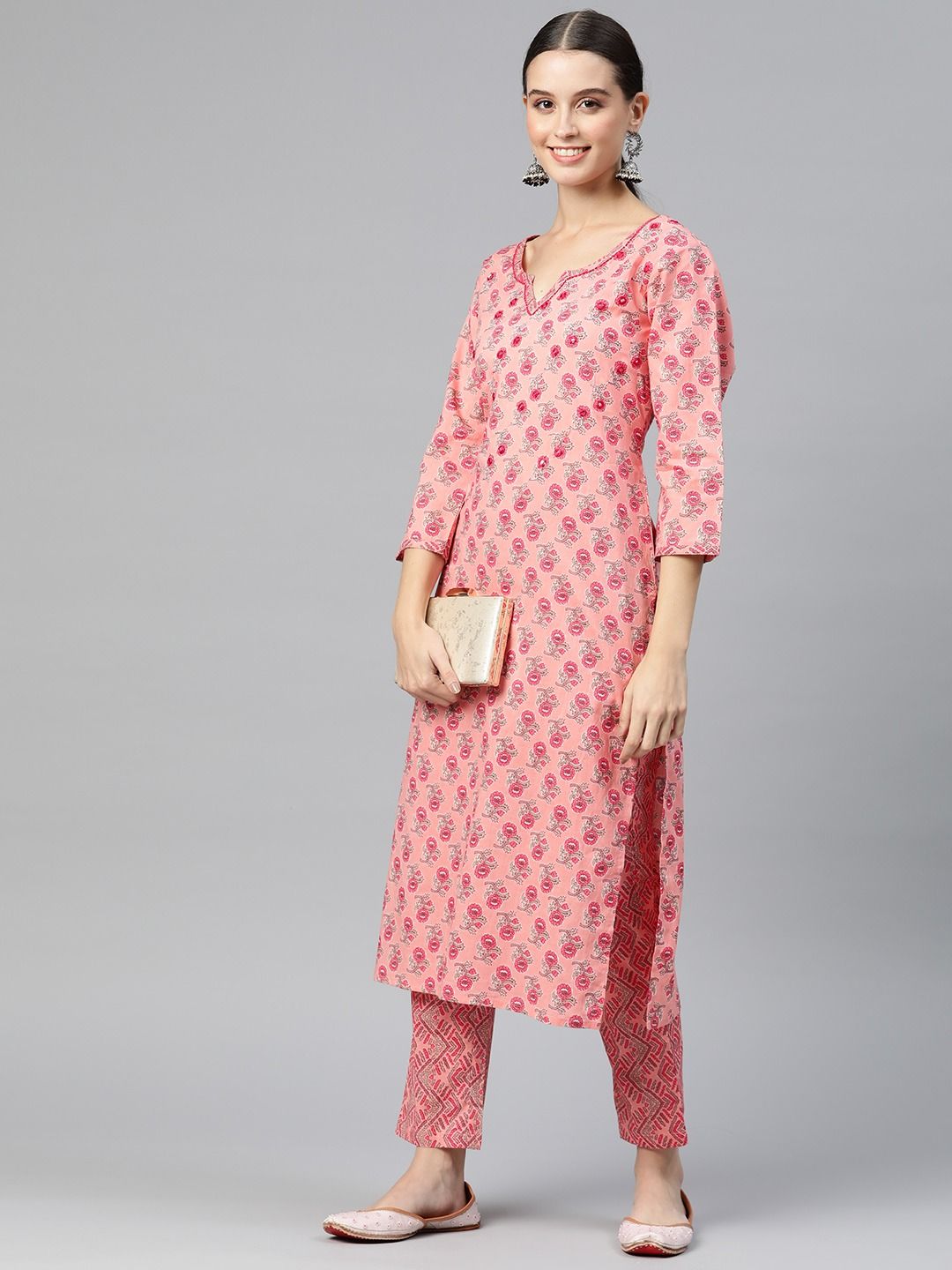 Straight Style Cotton Fabric Peach Color Kurta And Palazzo