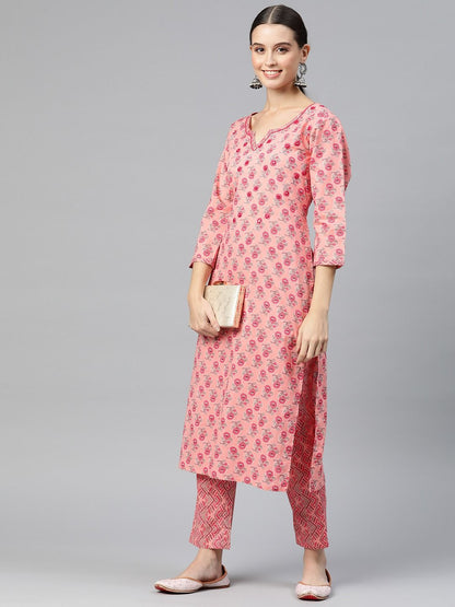 Straight Style Cotton Fabric Peach Color Kurta And Palazzo