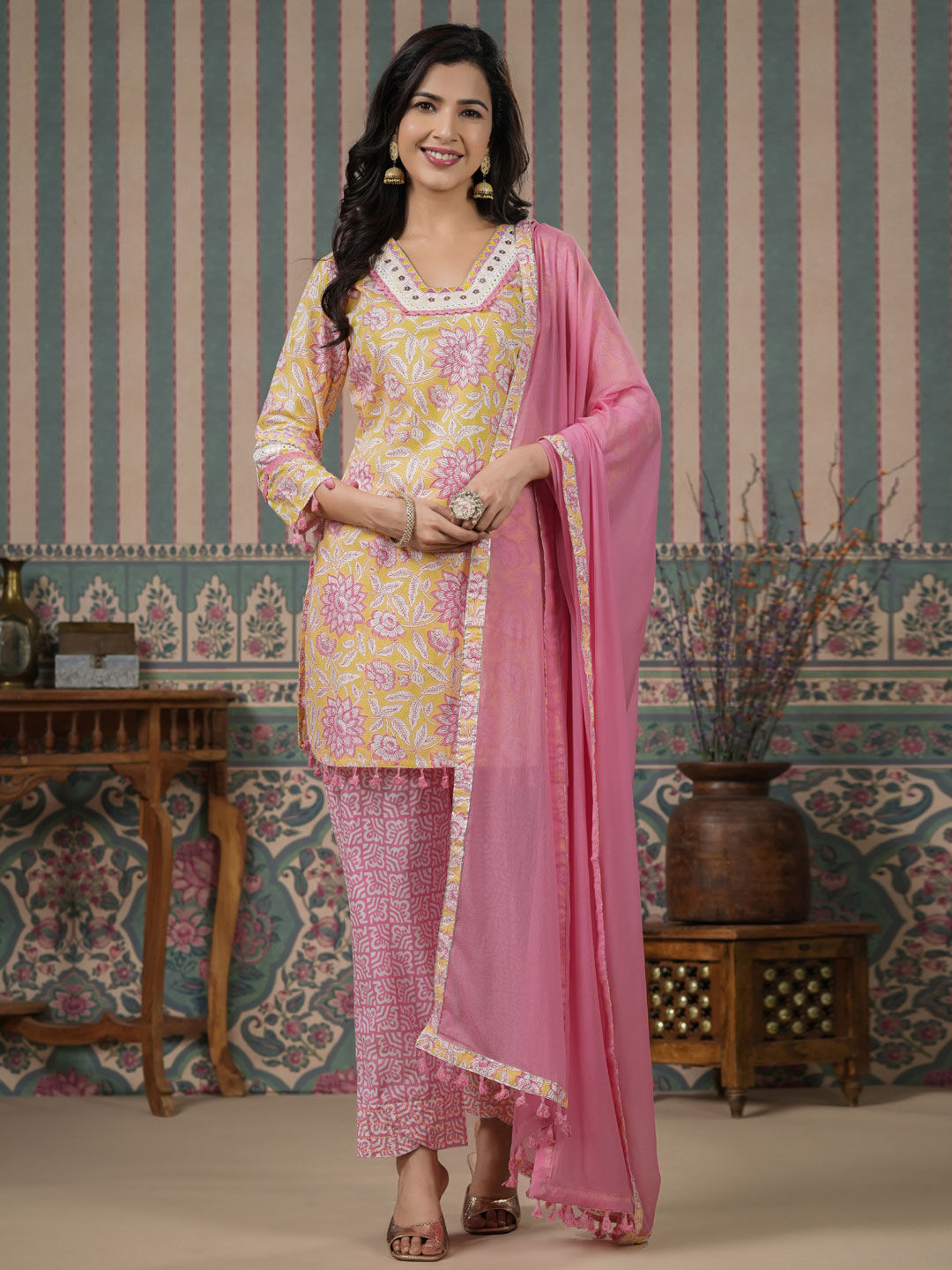 Straight Style Cotton Fabric Yellow Color Kurti With Bottom & Dupatta