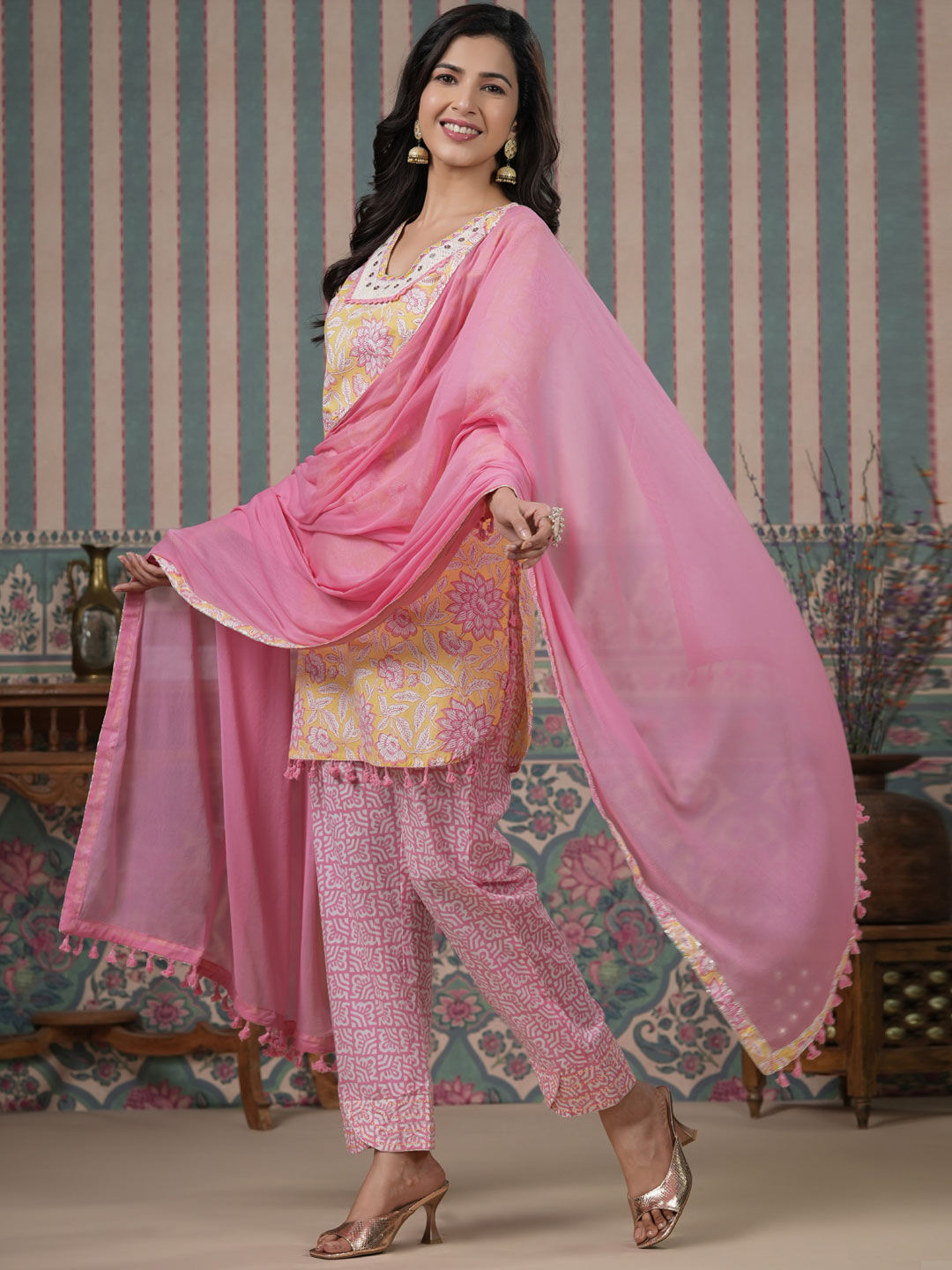 Straight Style Cotton Fabric Yellow Color Kurti With Bottom & Dupatta