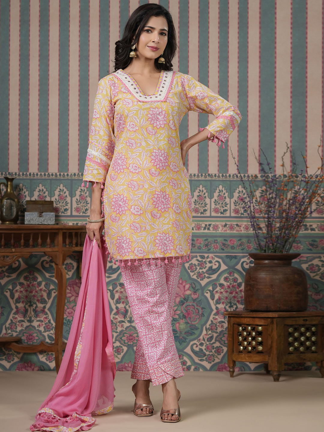 Straight Style Cotton Fabric Yellow Color Kurti With Bottom & Dupatta