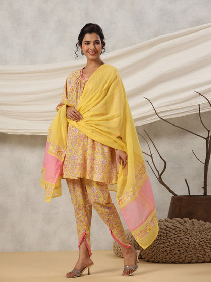 A-Line Style Cotton Fabric Yellow Color Kurti With Bottom & Dupatta