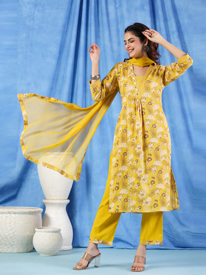 Flared Style Cotton Fabric Mustard Color Kurta And Palazzo With Dupatta