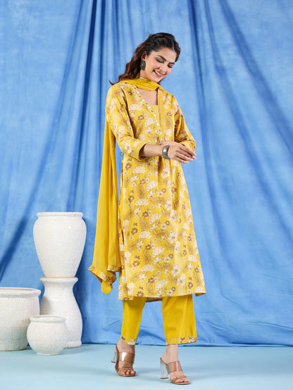 Flared Style Cotton Fabric Mustard Color Kurta And Palazzo With Dupatta