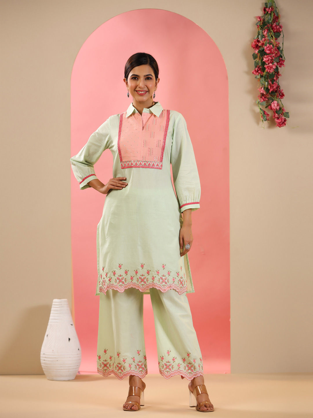 Straight Style Cotton Fabric Green Color Kurta And Palazzo