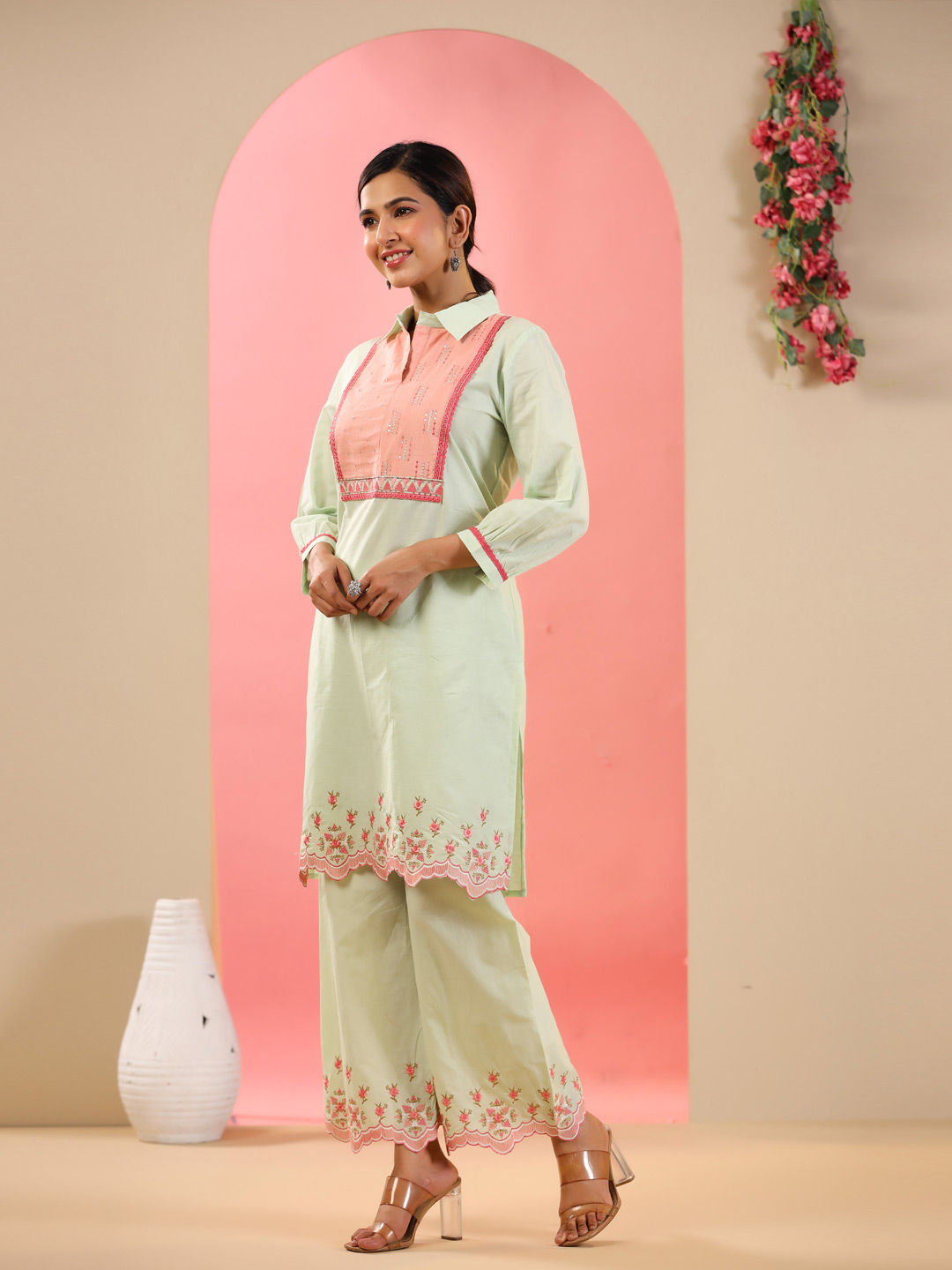 Straight Style Cotton Fabric Green Color Kurta And Palazzo