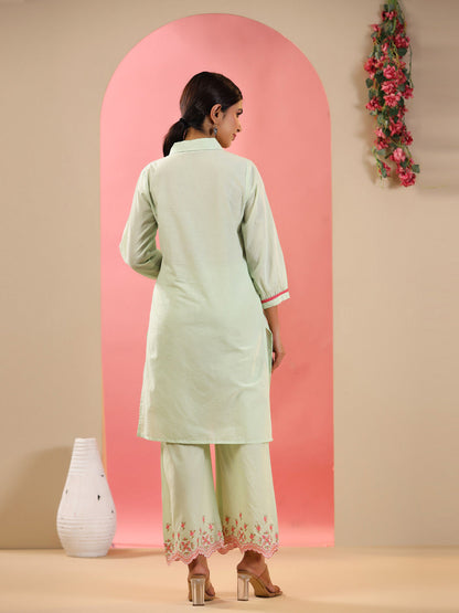 Straight Style Cotton Fabric Green Color Kurta And Palazzo