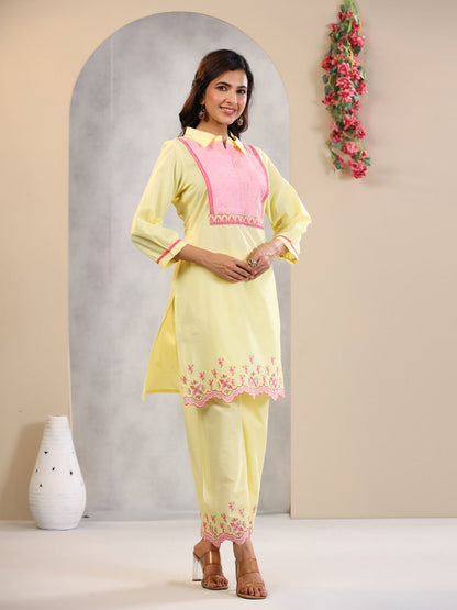 Straight Style Cotton Fabric Yellow Color Kurta And Palazzo