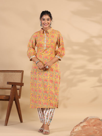 Straight Style Cotton Fabric Yellow Color Kurti With Bottom