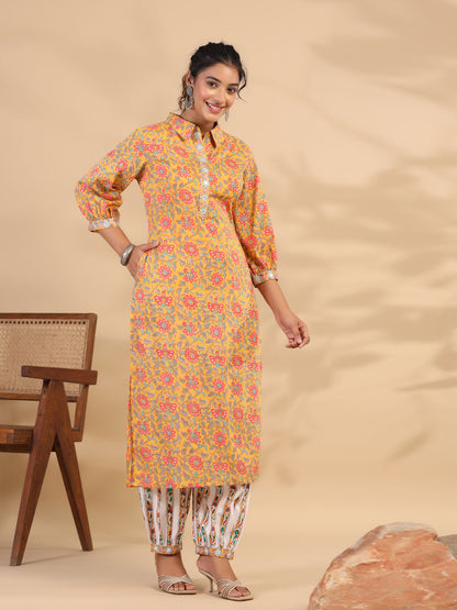 Straight Style Cotton Fabric Yellow Color Kurti With Bottom