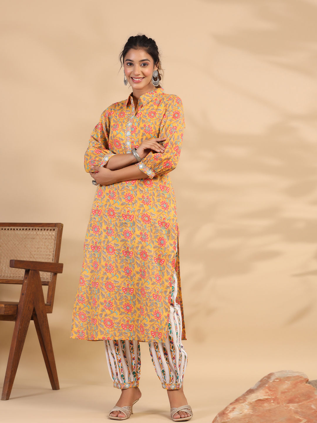 Straight Style Cotton Fabric Yellow Color Kurti With Bottom
