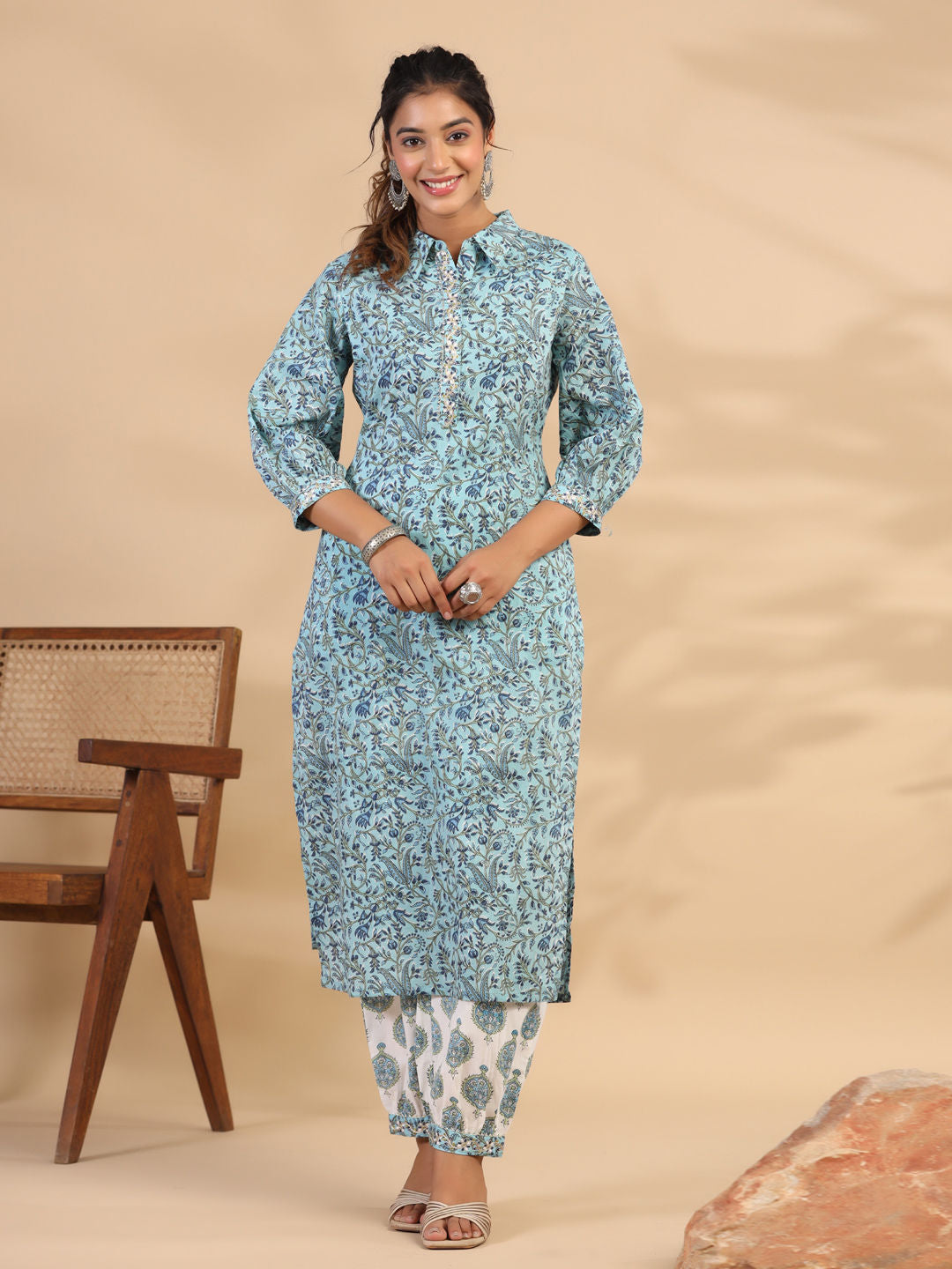 Straight Style Cotton Fabric Blue Color Kurti With Bottom